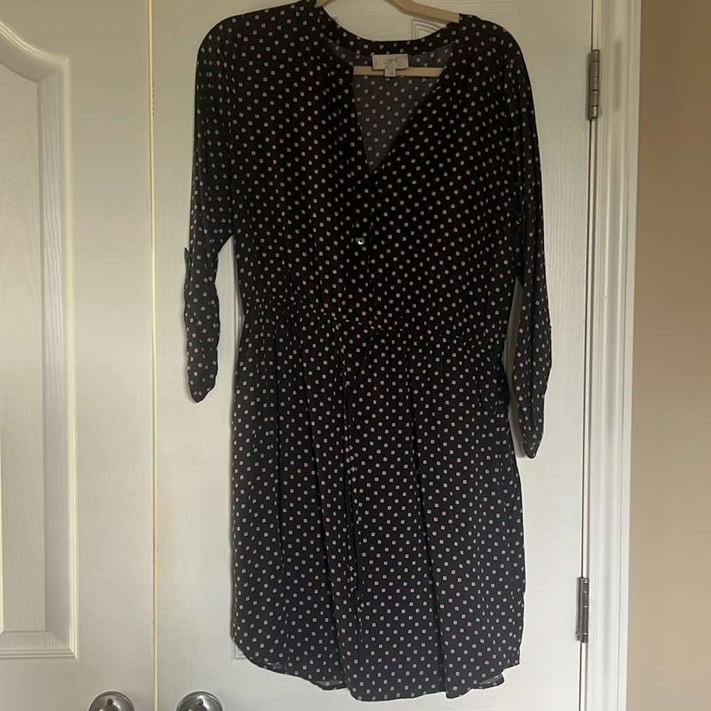 Loft Brand dress in black with pink graphic squares.